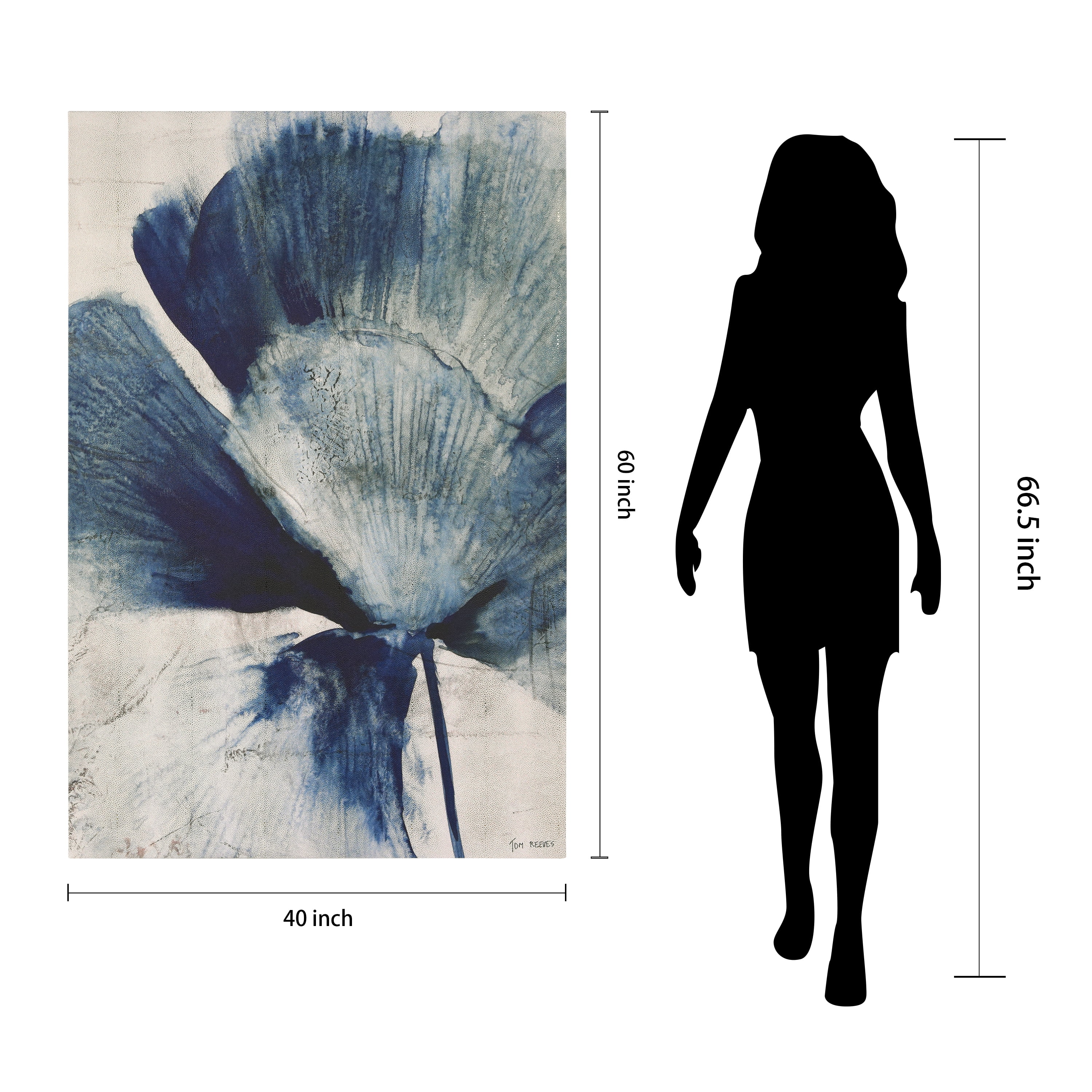 "Azure Bloom", Blue Flower Rendered on Gold Shagreen Wrapped Canvas Wall Art, sized 60"x40"