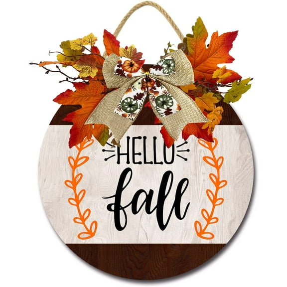 Eveokoki 12" Hello Fall Signs for Front Door Farmhouse Porch Rustic Round Wooden Hanging Wreaths for Housewarming Gift Festival Maple Leaves Decoration Outdoor Indoor Wall Decor