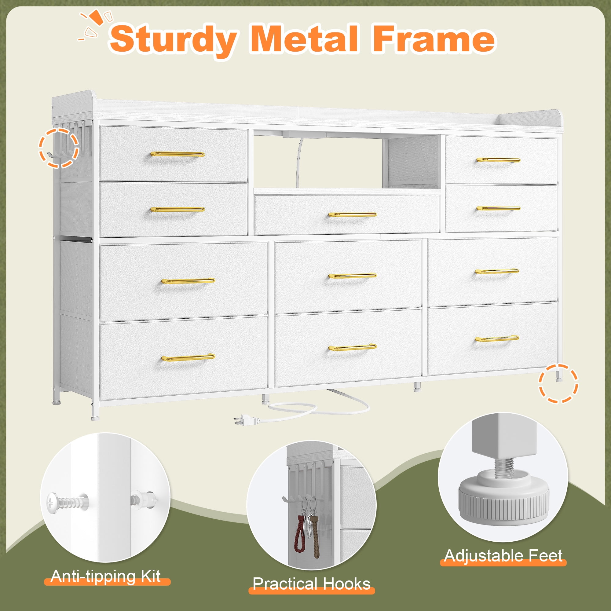 Dresser for Bedroom with 11 Drawers for 60" TV Stand with LED Lights & Charging Station Wide Dresser with Shelves & 4 Hooks Sturdy Metal Frame & Fabric & Wood Top ,White
