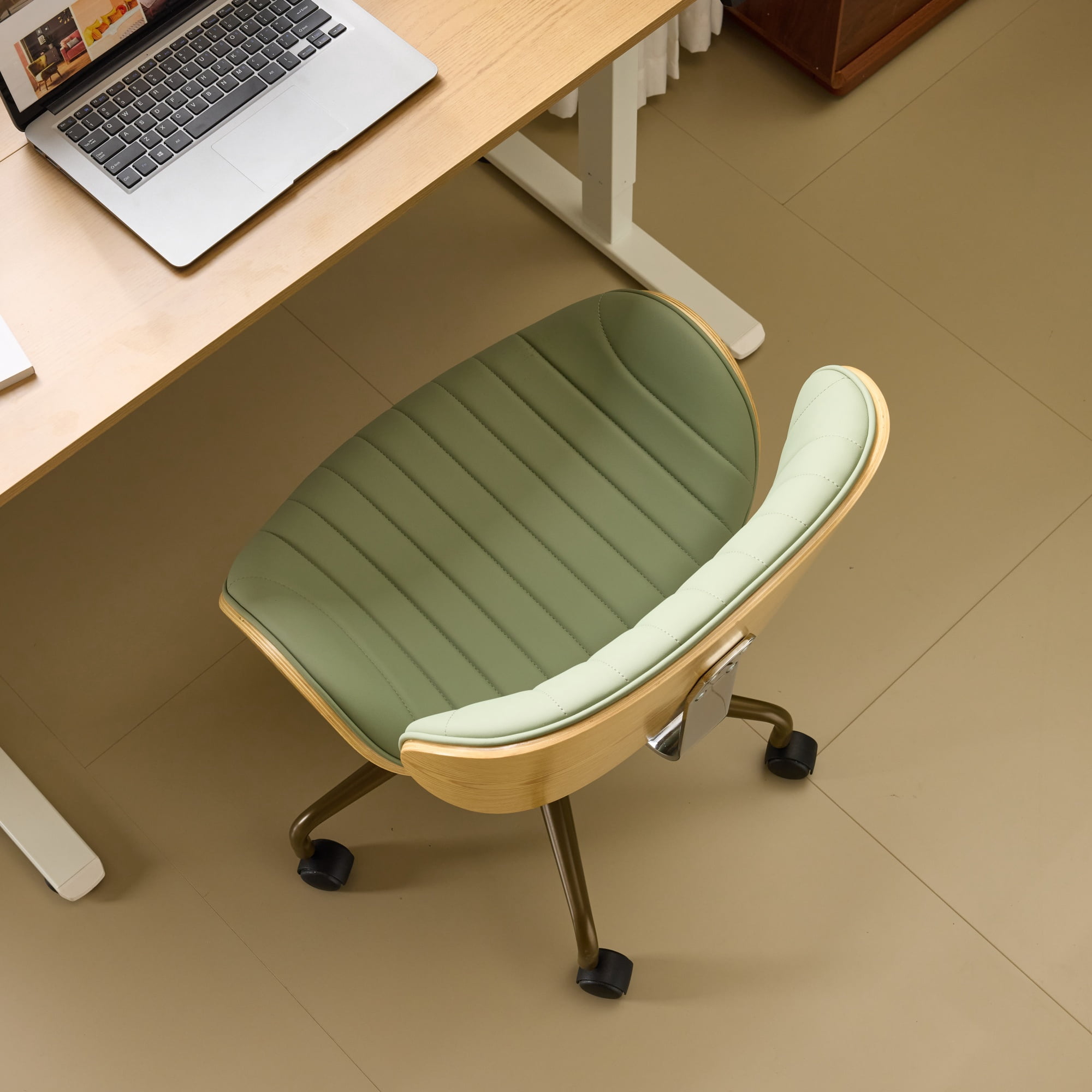 Ktaxon Armless Office Chair, Curved Wood Accent Desk Chair with Swivel Seat, PU Task Chair for Study, Makeup Vanity Green
