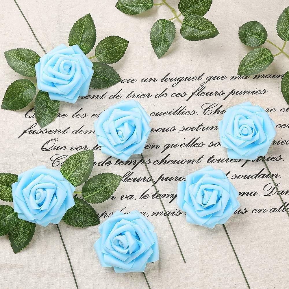 30pcs Baby Blue Roses Foam Flowers Artificial Roses with Stems, Fake Roses with Fake Flowers for DIY Wedding Bouquets Baby Shower Centerpieces Floral Party Home Décor (Light Blue)
