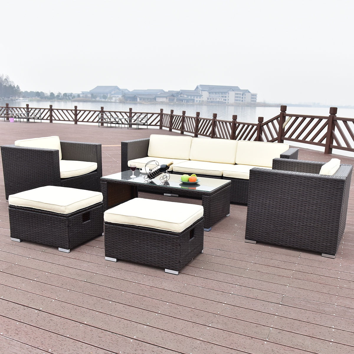 Costway 8 PCS Outdoor Patio Rattan Wicker Furniture Set Sofa Cushioned Garden Brown by Costway