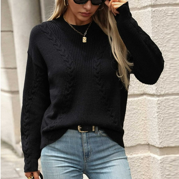 Itsame Women Knitted Sweater Crew Neck Pullover Sweatershirt Long Sleeves Solid Color Simplicity Sweatshirts Black Size L