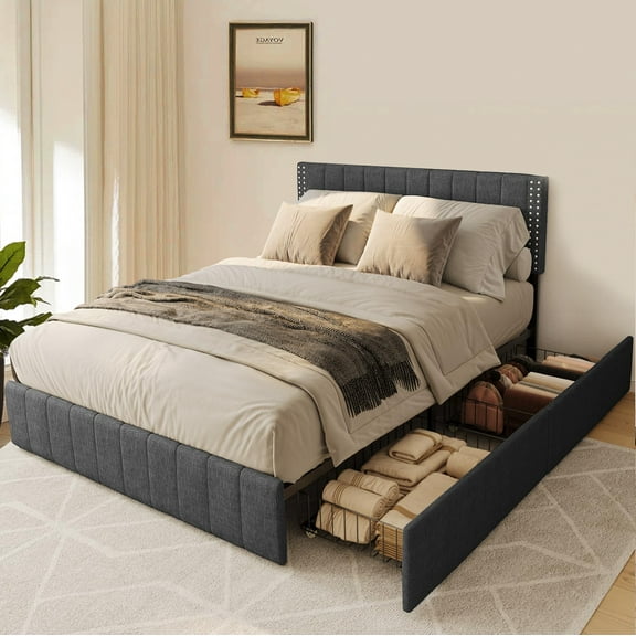 Zocalo Base de Cama  Full Size | Cama con Almacenamiento, Respaldo Ajustable y 4 Cajones | Gris oscuro