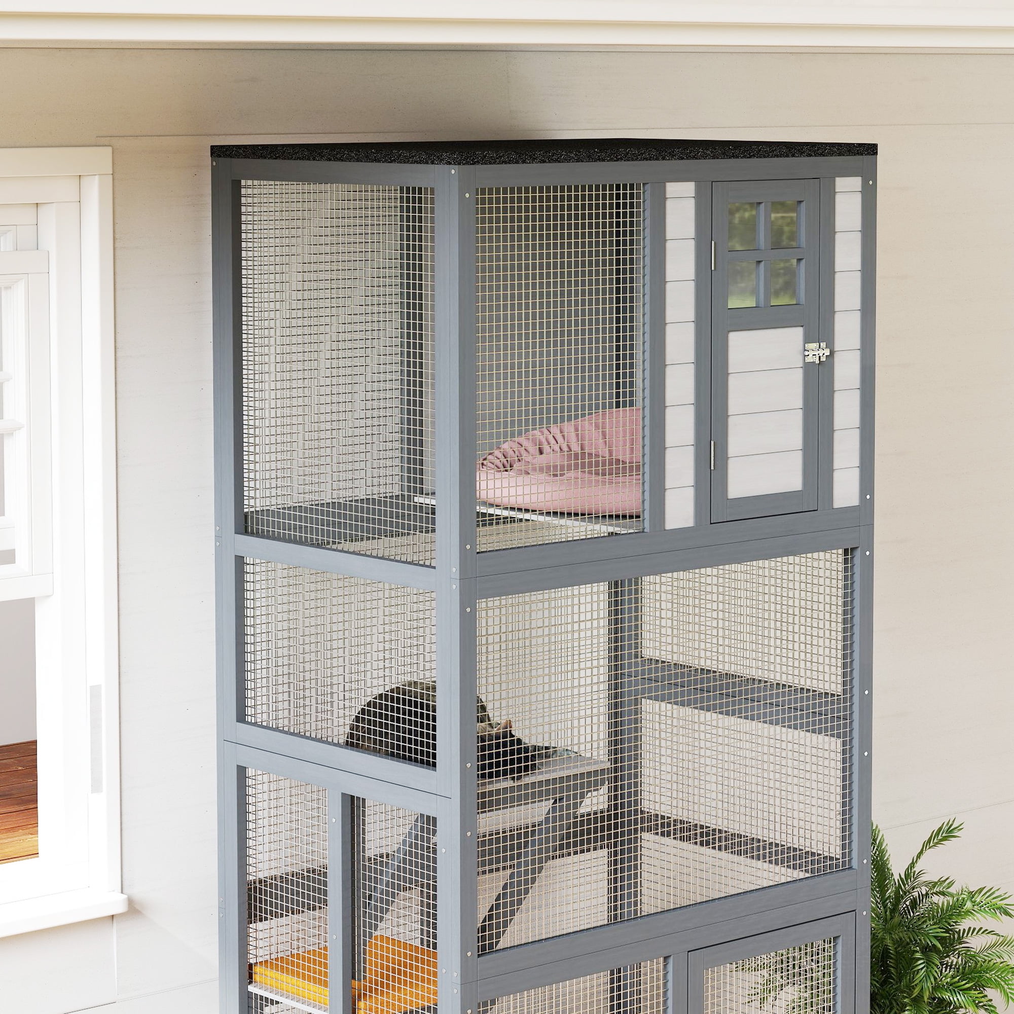 74" Wooden Catio Outdoor Cat House Weatherproof & Wheeled, Outside Cat Enclosure with High Weight Capacity, Kitten Cage Condo, Light Gray
