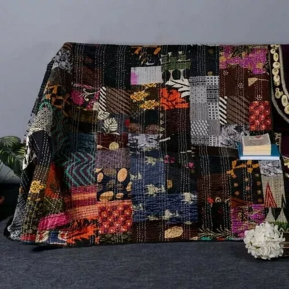 Bed Kantha Quilt Handmade Bohemian Vintage Silk Patchwork Kantha Twin Size Quilt