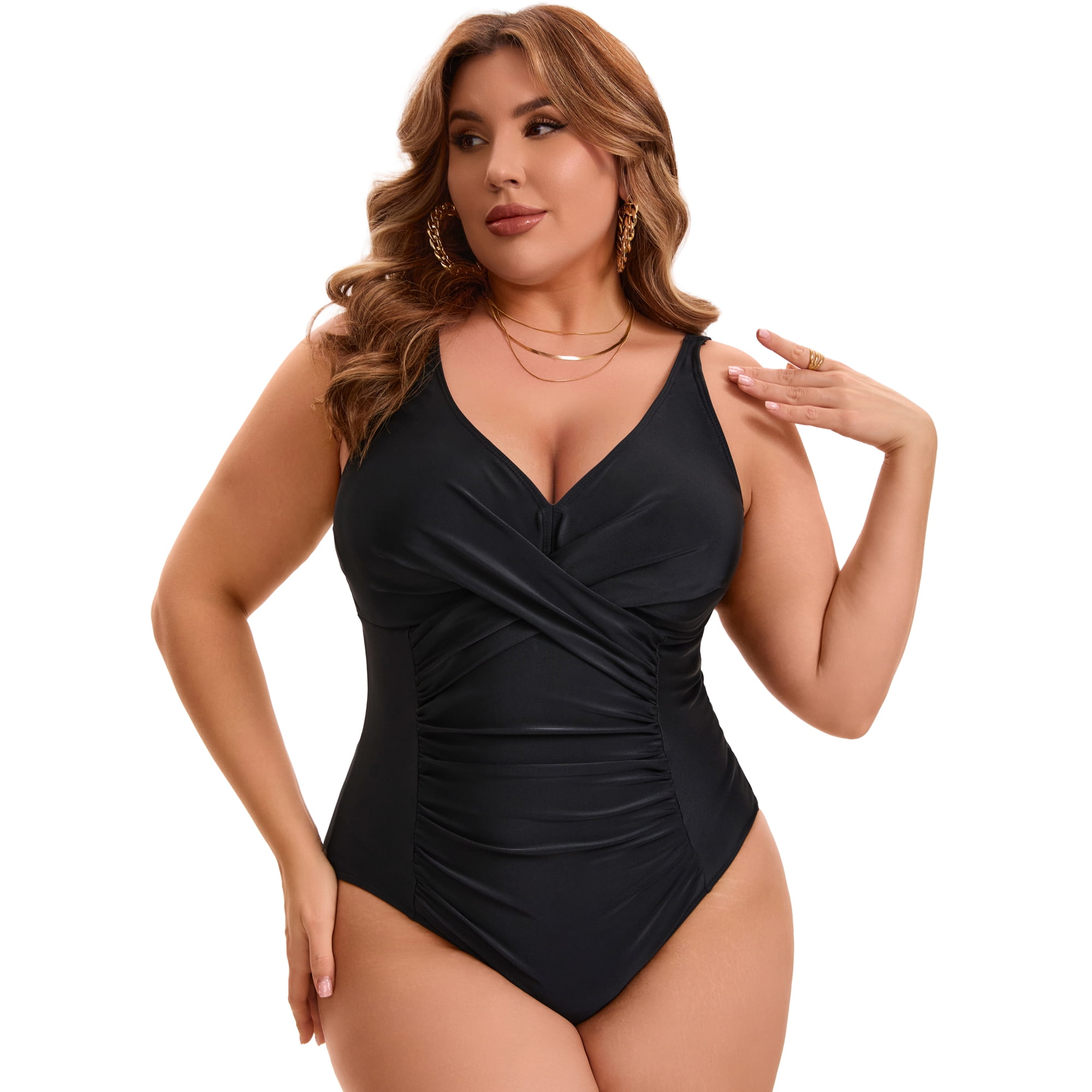 DARING DIVA Women's Plus 1 Pc Bathing Suit with Tummy Control and V-Neck 4X Black