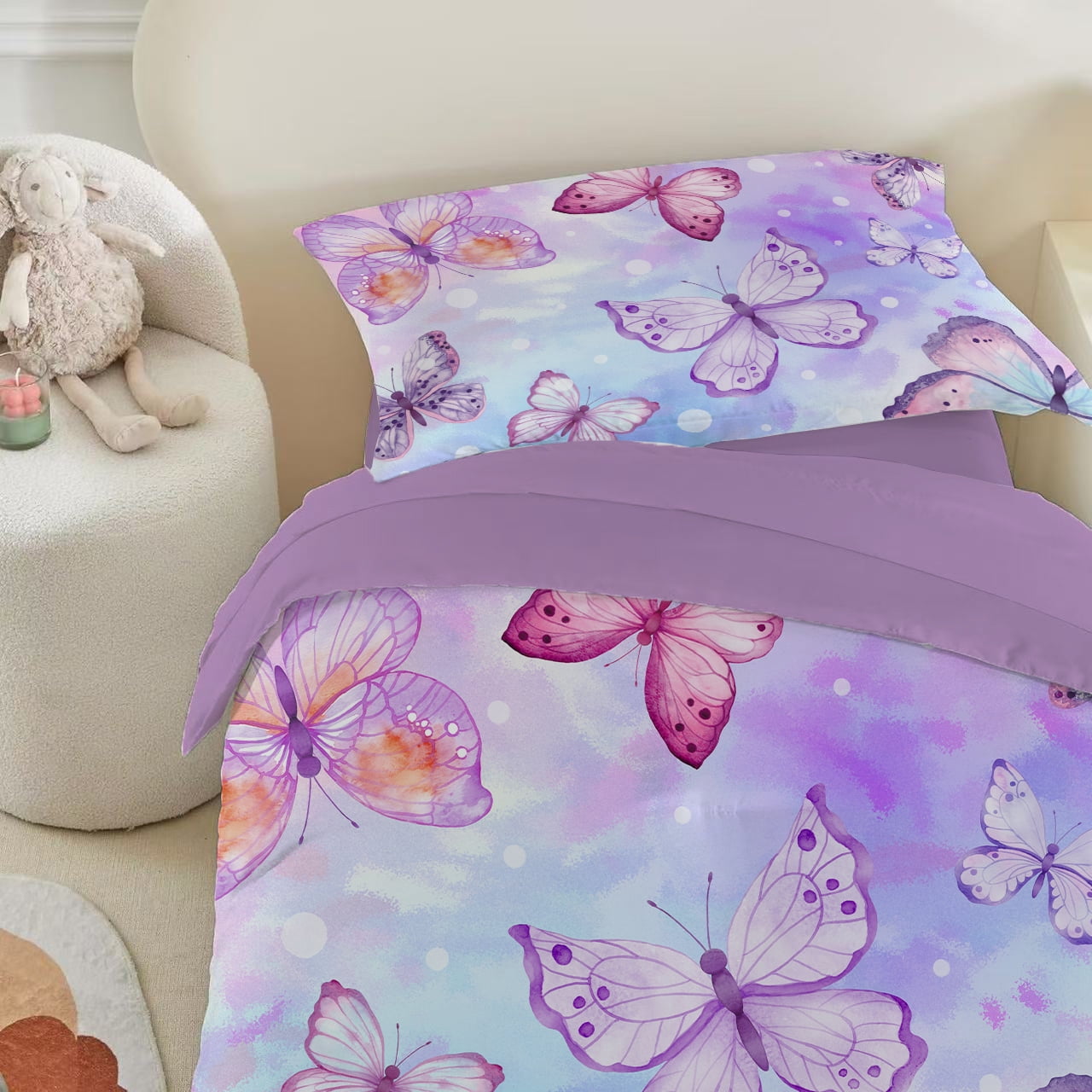 Toddler Bedding Sets for Babys Boys Girls Kids Blue Purple Tie Dye Butterfly Toddler Crib Comforter Set Flat Sheet Fitted Sheet and Pillowcase 4 Pieces