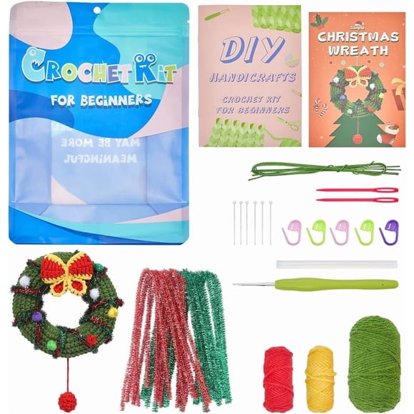 1 Box Christmas Crochet Kits Xmas Amigurumi Kit Cute Wreath Crocheting Complete Beginner Starter Step-By-Step Video Tutorial Learn to Stitch Crochet Knitting Kit for Adult Starters Beginners