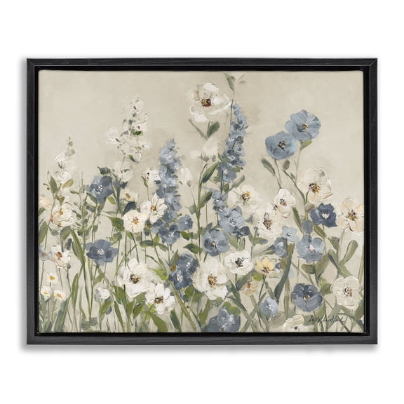Stupell Industries Garden Blossoms in Blue & White Floral Painting Black Floater Framed Canvas Art Print Wall Art, 21 x 17