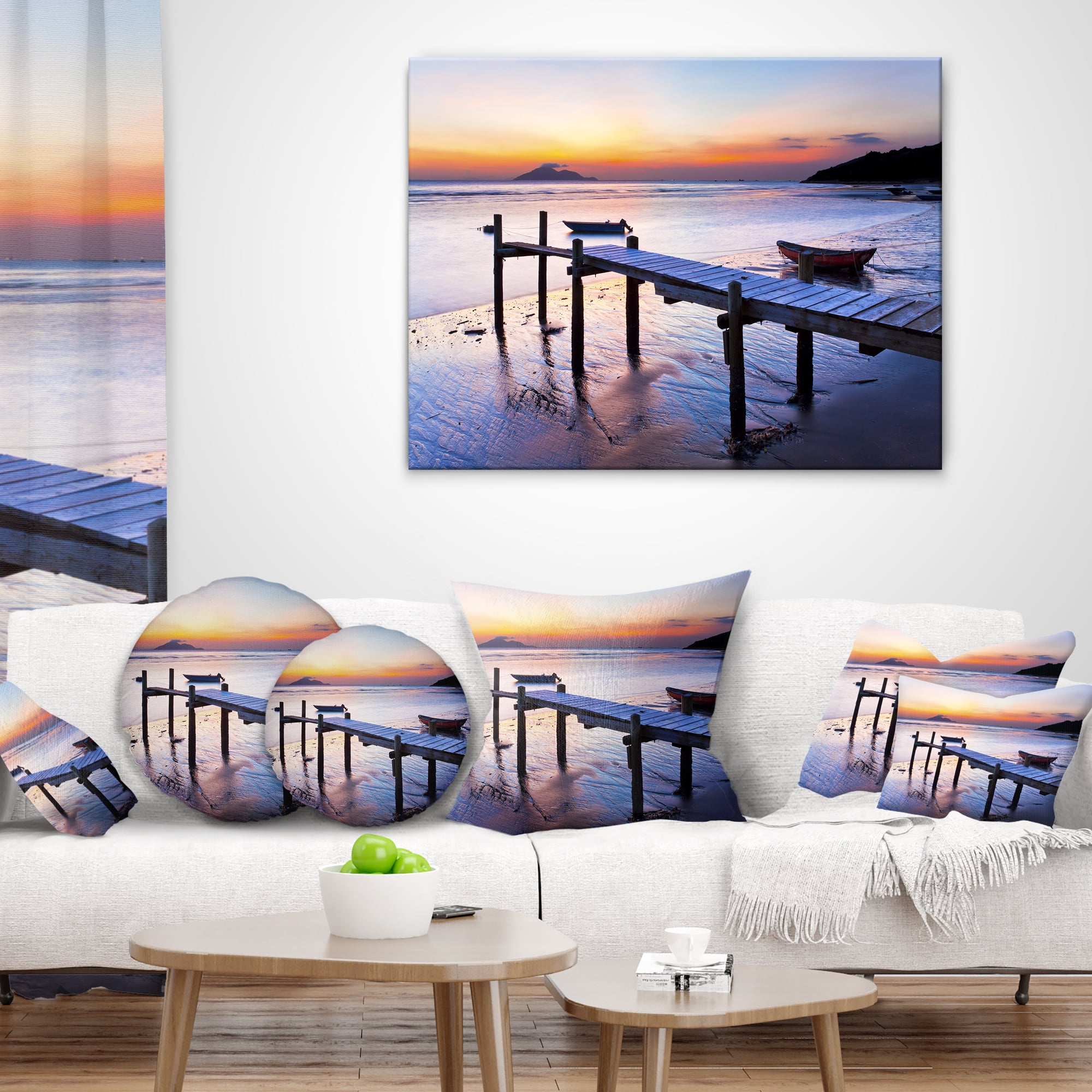 Designart Old Wooden Pier at Sunset - Seascape Throw Pillow - 12x20