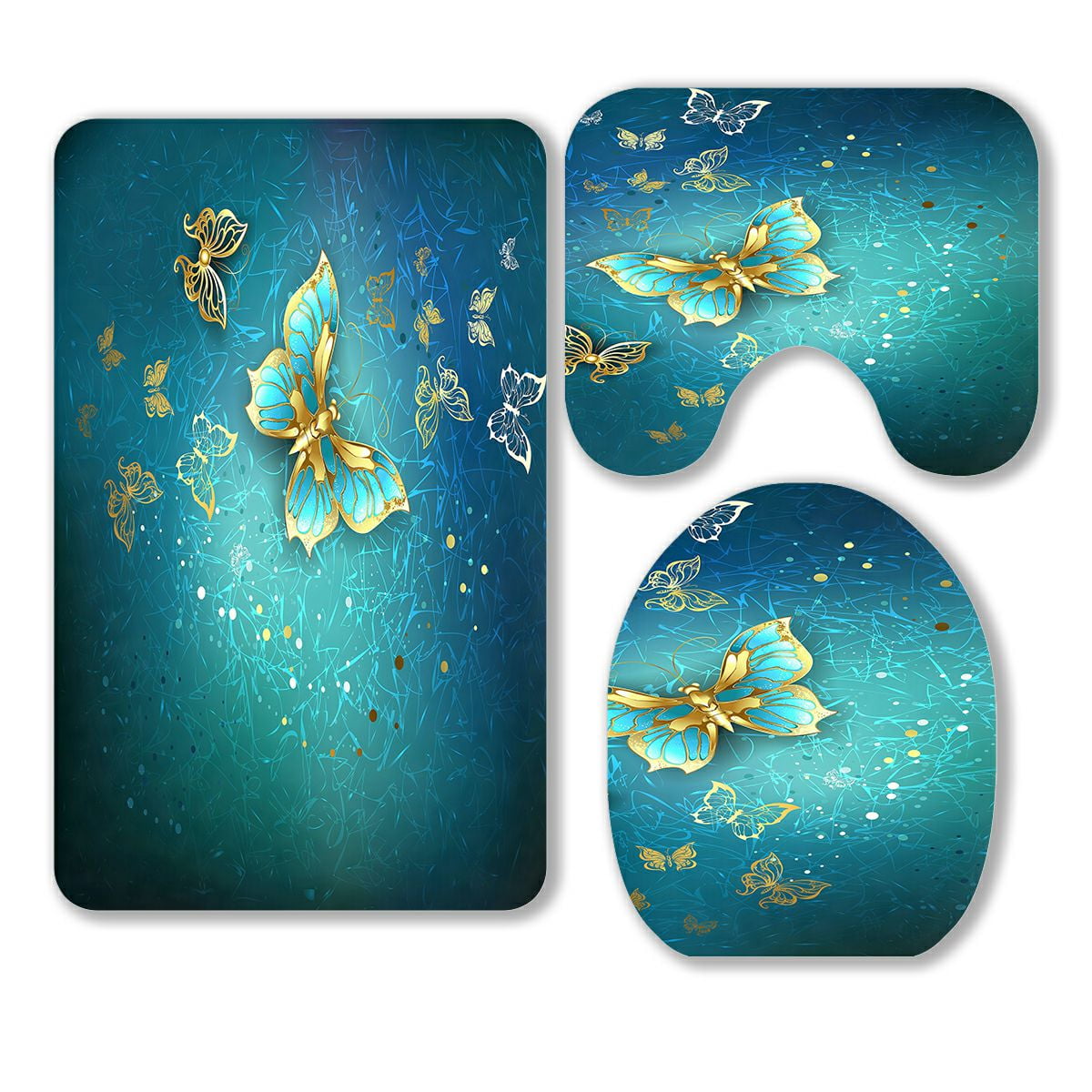 ABPHQTO Luxury Gold Butterflies Blue Textural 3 Piece Bathroom Rugs Set Bath Rug Contour Mat and