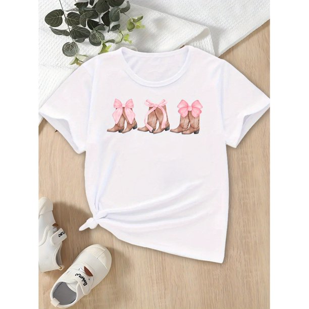 Girls' Summer Fashion Casual Bow Cowboy Boots Printed T-Shirt, Short Sleeve Round Neck Top With Trendy Graphic Design