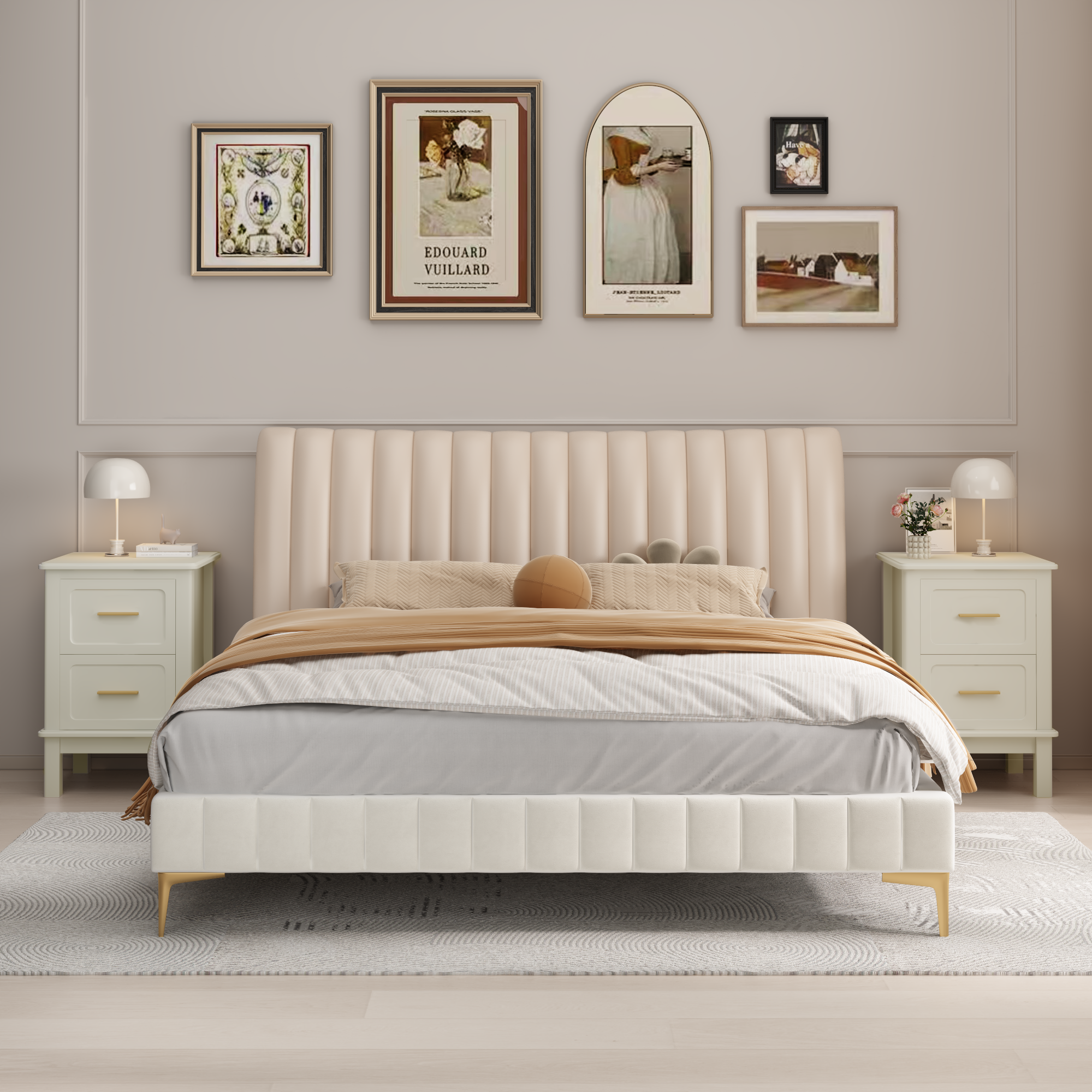Modern Nightstand with 2 Drawers, Bedroom Bedside Table with Gold Handles, Sturdy Wood Accent Table for Small Spaces, Living Room, Kids Room & Guest Room-Off White