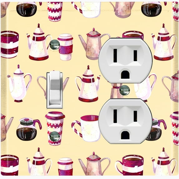 Metal Light Switch Wall Plate Outlet Cover (Coffee Mocha Espresso Tea Pot Kettle Maker Festive Cup Cream Pattern - Single Toggle Single Duplex)