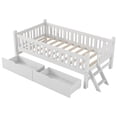 thumbnail image 4 of SESSLIFE Twin Platform Bed with Guardrail and 2 Drawers, Kid Bed Frame with Fence Railings, No Box Spring Needed, Solid Wood Slats Supported Bed for Children (White), 4 of 6