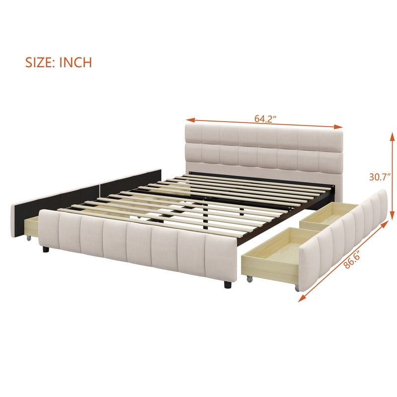 Queen Size Low Profile Platform Bed with Tufted Headboard, Linen Fabric Padded Storage Upholstered Bed Frame with 4 Drawers