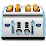 Toaster 4 Slice, Retro Stainless Steel Toasters with LED Digital Countdown Timer Display, Dual Independent Control Panel, Reheat Defrost Cancel Function, High Lift Lever, Blue