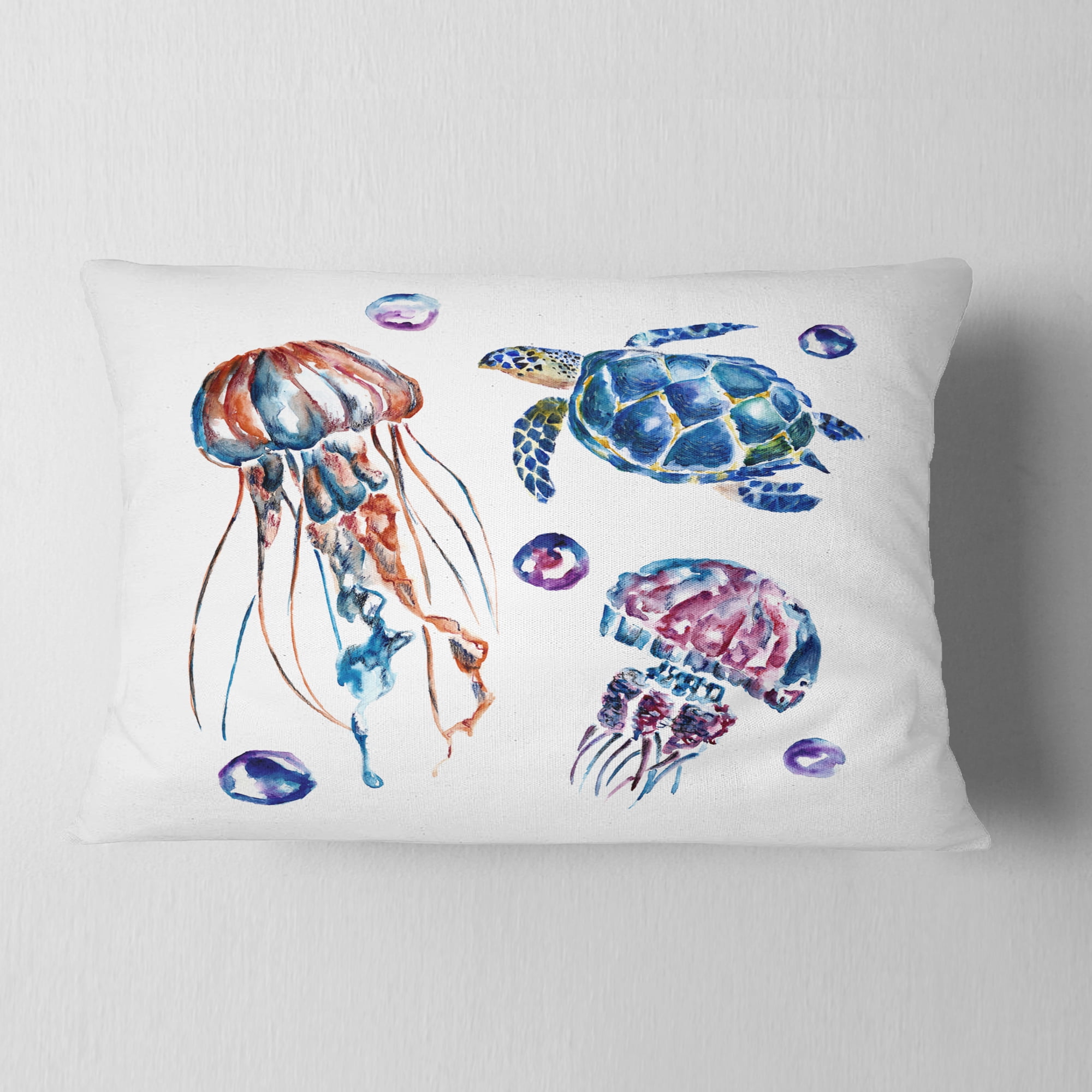 Designart Colorful Jellyfish and Turtles - Animal Throw Pillow - 12x20