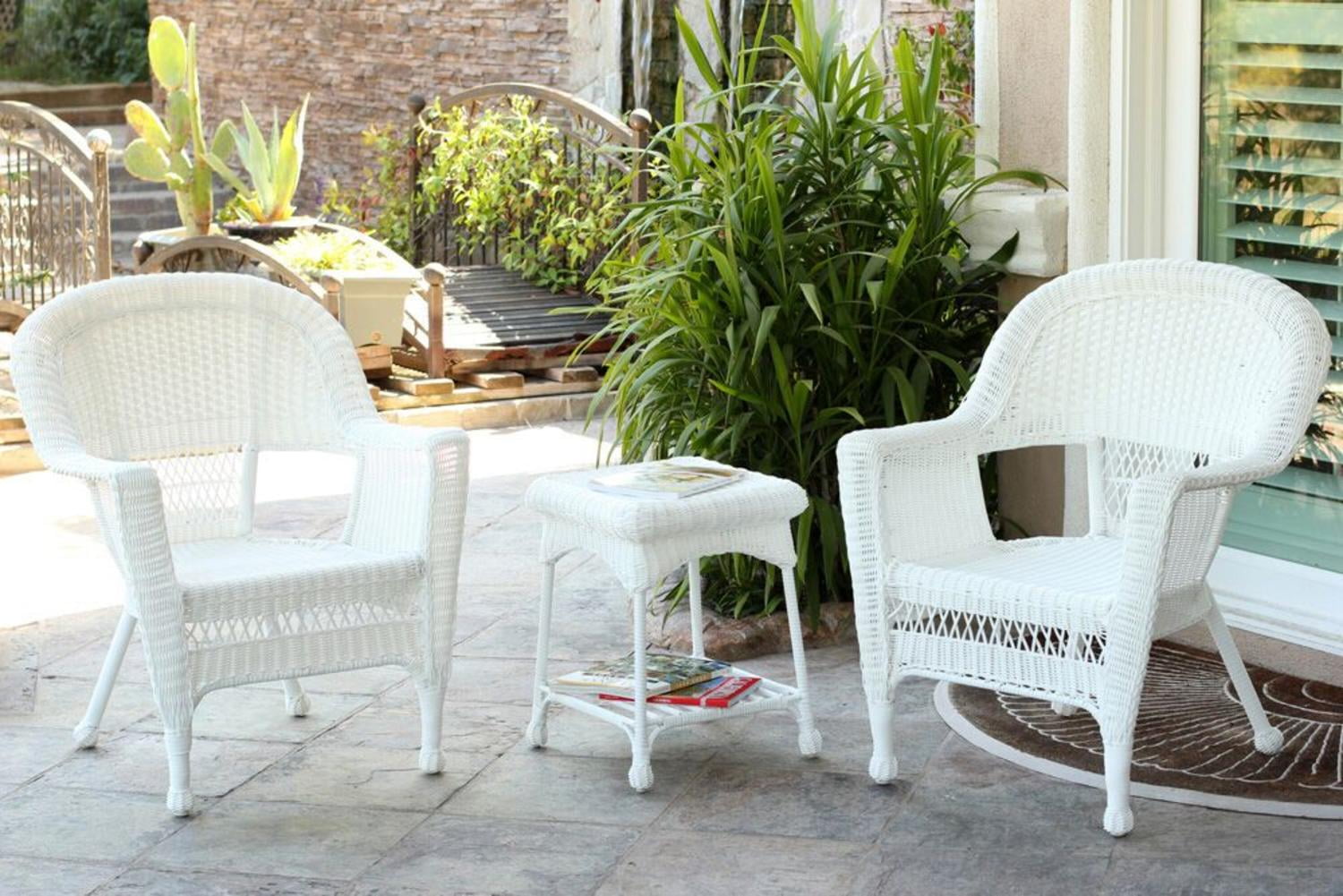 3-Piece White Resin Wicker Patio Chairs and End Table ...