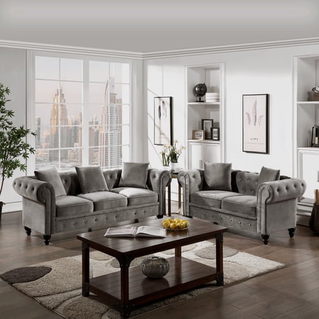 Furntsy 63" Deep Button Tufted Velvet Loveseat Sofa Roll Arm Classic Chesterfield Settee, 2 Pillows included, Gray