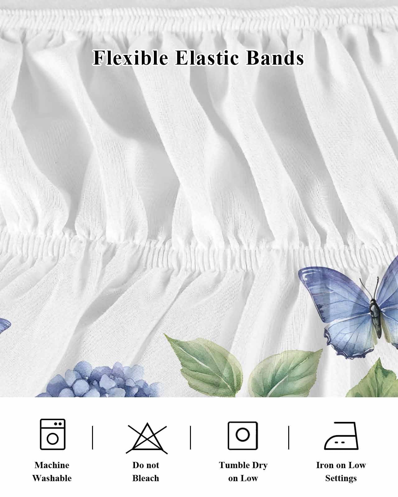 Flower Butterfly Wrap Around Bed Skirts for King Bed 18" Drop, Bed Skirt with Adjustable Elastic Belt Dust Ruffle Bed Valance for Bedroom Hotel Luxury Blue Purple Watercolor Wilflower Bed Frame Cover
