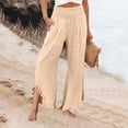thumbnail image 4 of Domzle Womens Linen Pants Summer 2026 Wide Leg Pants Smocked Waist Ruffle Palazzo Pant Boho Flowy Casual Beach Pant with Pockets Light Brown 3XL Sweatpants, 4 of 7