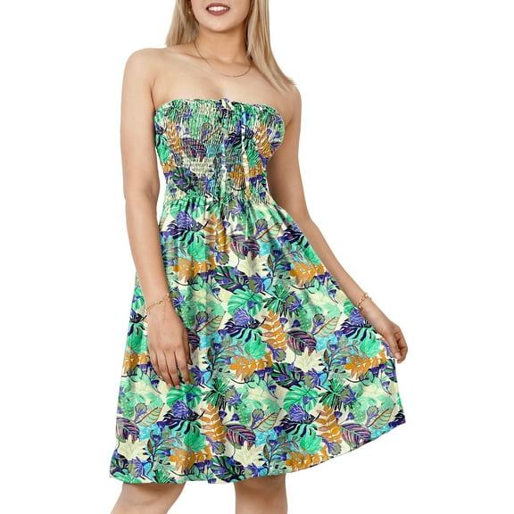 LA LEELA Women's Summer Boho Halter Smocked Mini Flowy Beach Dress Tube Top Strapless Dresses for Women One Size Leaves, Multi