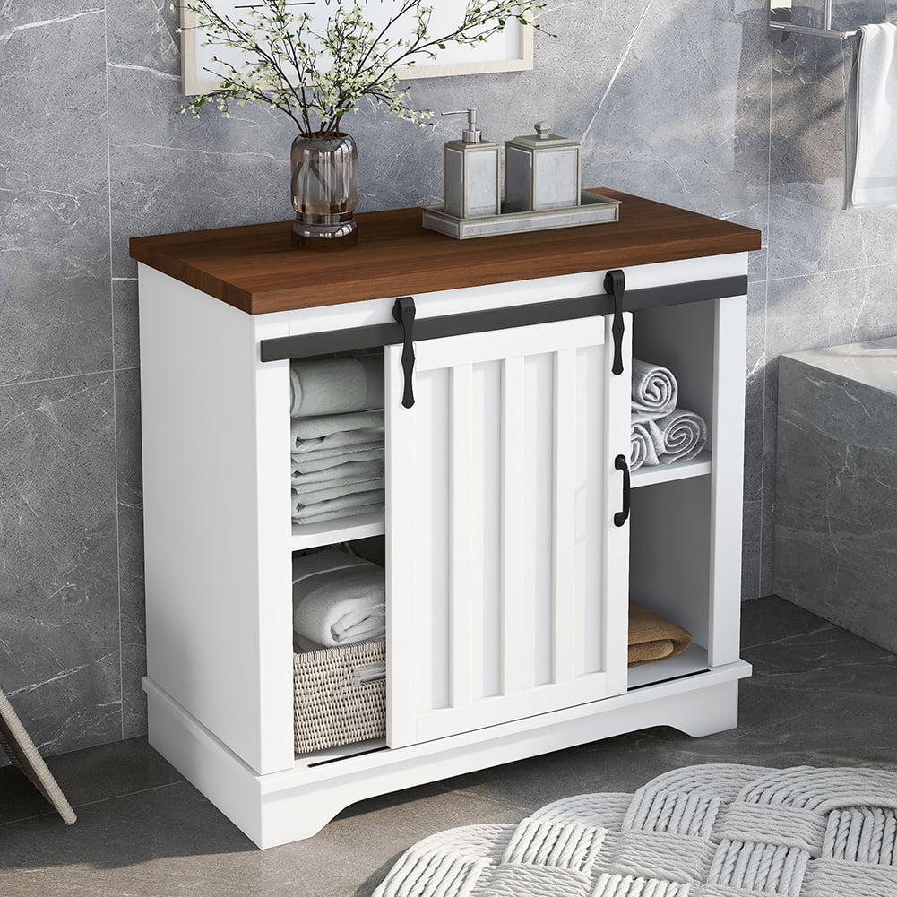 Resenkos Freestanding Bathroom Storage Cabinet,White Sliding Barn Door, Thick Top, Adjustable Shelf, White and Brown