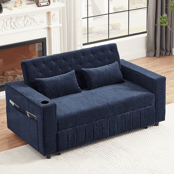 61.4" Pull-Out Sofa Bed, Convertible Loveseat Sleeper with Adjustable Backrest, Modern Couch for Living Room – Blue