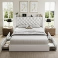 thumbnail image 3 of Galnfu Queen Bed Frame with 4 Storage Drawers, Giant Upholstered Wingback Headboard, Fast Charging Station, No Box Spring Needed, Noise-Free,White, 3 of 8