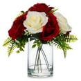 thumbnail image 3 of Enova Home 10 Heads Artificial Silk Rose Flowers in Clear Cylinder Glass Vase with Faux Water (Cream Red), 3 of 4