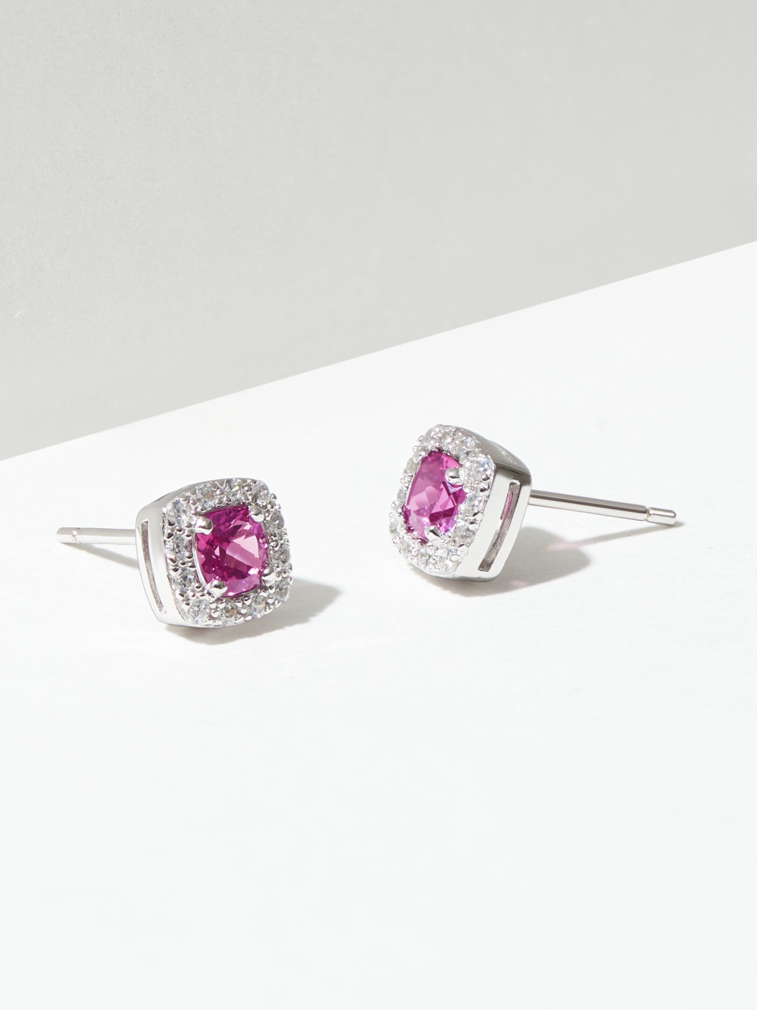 Forever Facets Women's Platinum over Sterling Silver Created Pink Sapphire and CZ Stud Earrings