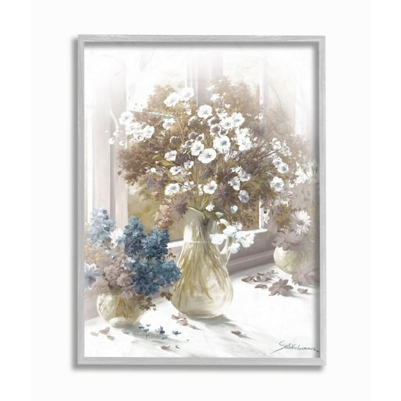 Stupell Industries Flower Vase Vintage Sepia Painting Graphic Art Gray Framed Art Print Wall Art, 16x20, by Heinz Scholnhammer