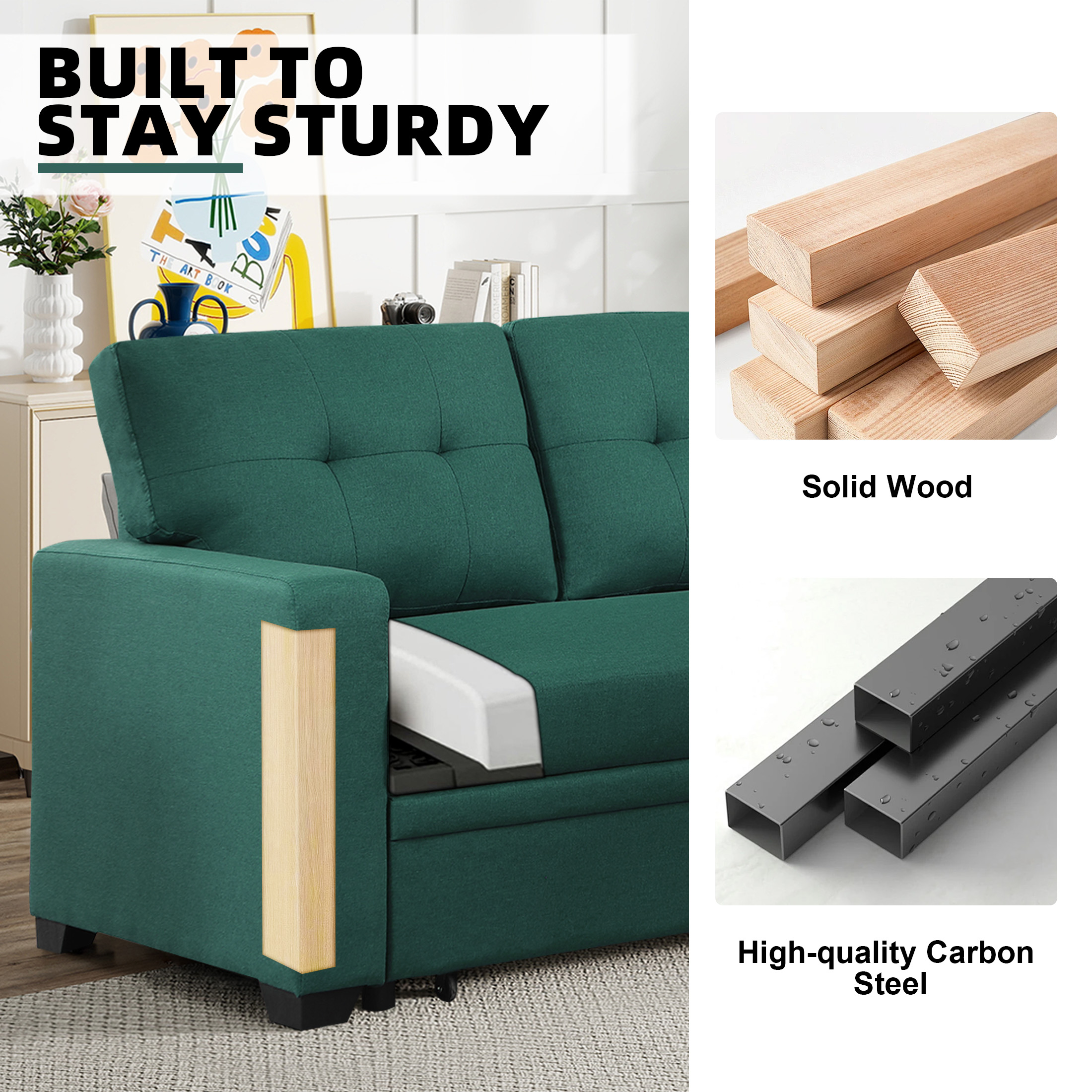 Aukfa Premium Pull-Out Sleeper Sofa Bed with Storage Chaise, Contemporary 3-Seater Couch for Living Room, Green
