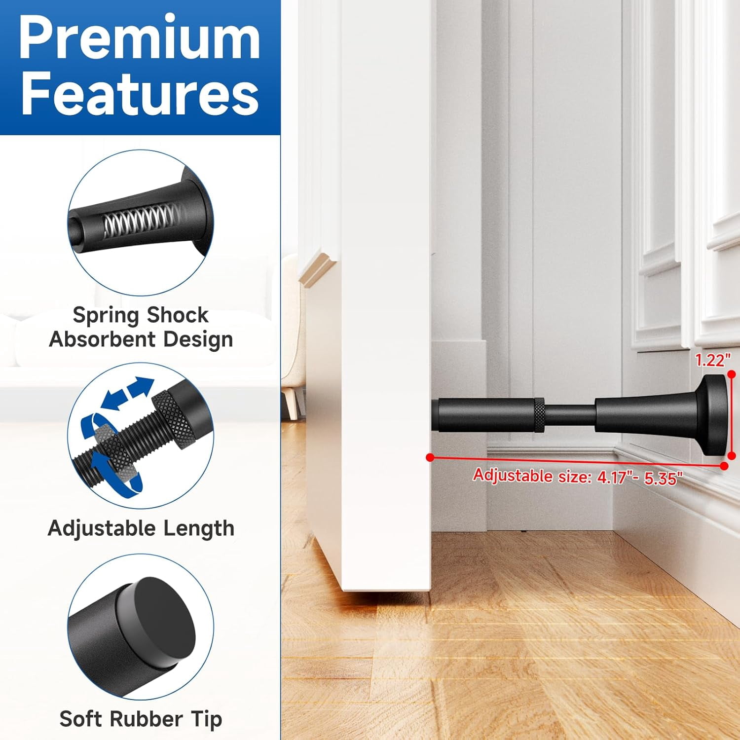 JJEAN-2pcs Adjustable Spring Door Stops, 4.17-5.35in Aluminum Long Door Stoppers with Silicone Tip, Matte Black Door Stop for Bottom of Door, Screw & Adhesive Installation, Black