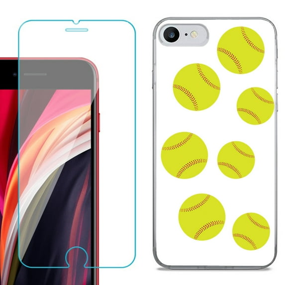 Slim-Fit Fashion Gel Phone Case for iPhone SE 2022, with Tempered Glass Screen Protector, by OneToughShield ® - Softball Seven