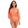 thumbnail image 4 of SWSMCLT Women's Swimwear Beach Cut Out One Piece Swimsuit Long Sleeve V Neck Sexy Floral/ Printed/ Solid Bathing Suit Orange Medium, 4 of 4