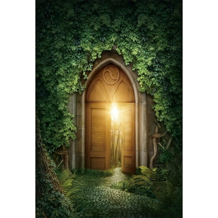 Fairy Tale Photo ABPHOTO Polyester 5x7ft Fairy Tale Children Background Retro Vintage Wooden Door Dawn Light Forest Photo Backdrop Green Leaves Tree Studio Photography Props Kids ()