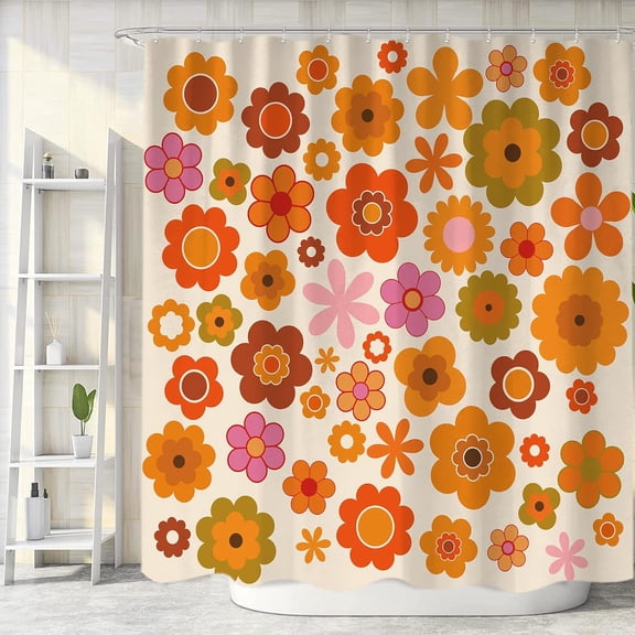 Retro Flowers Shower Curtain, Groovy Brown Orange Sun Flower Vintage 70s Fabric Shower Curtains Set for Bathroom Funky Hippie 1970 Boho Yellow Floral Decoration with Hooks 72 X 72 inch Bath Decor