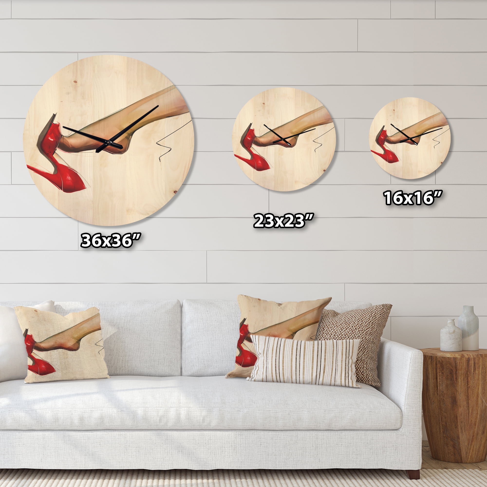 Designart 'Woman Leg Wearing High Heel Red Shoe ' Modern Wood Wall Clock