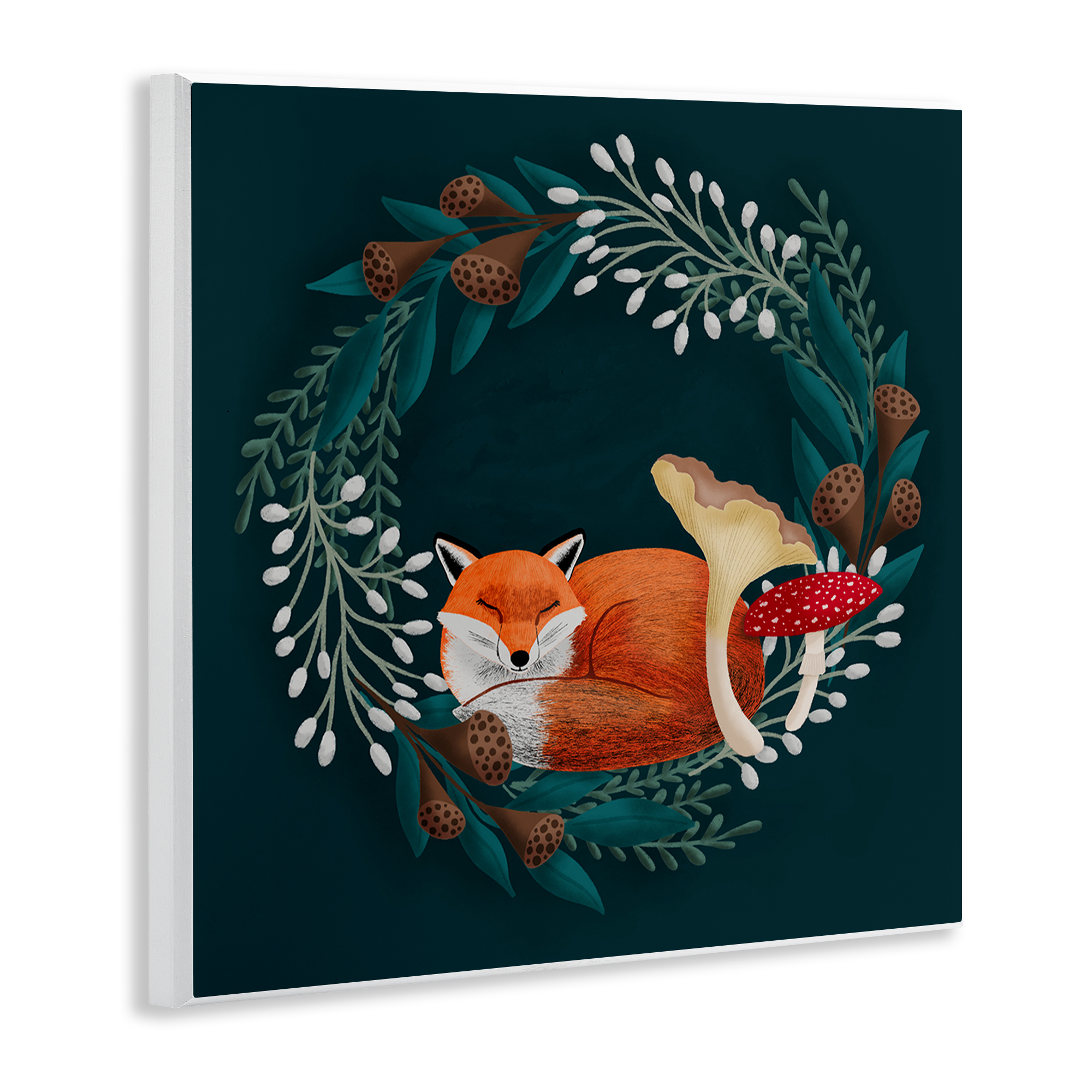 Sleepy Fox in Botanical Wreath Wall Plaque Art, design by Metka Hiti