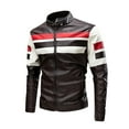 thumbnail image 1 of Munlar Mens Leather Jacket- Fashion Casual Versatile Color Contrast Stripe Plush Leather Motorcycle Windbreaker Long Sleeve Lapel Pocket Zippered Suit Raincoat Christmas Winter Coat Clearance, 1 of 5