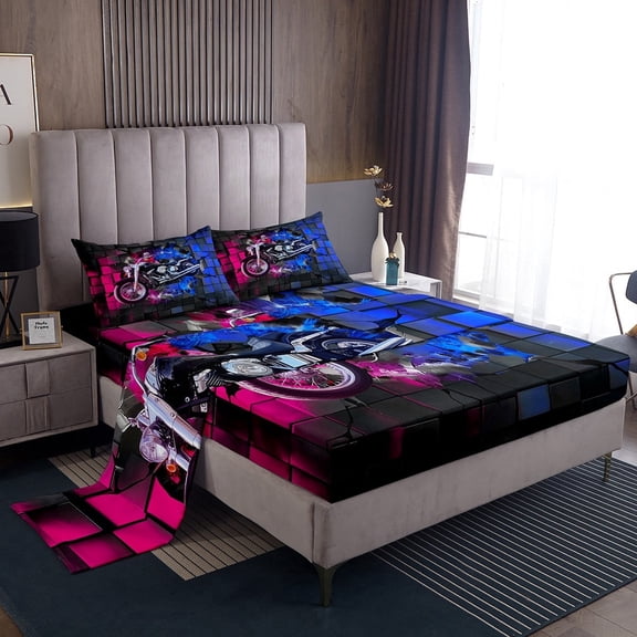 Erosebridal Dirt Bike Sheet Set Twin,Geometric Buffalo Bedding Sets Twin Size,Blue Pink Twin Sheet Sets,Lightweight Motorcycle Room Decoration,3pcs