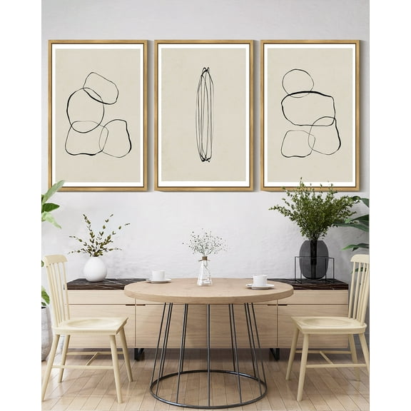 SHENIFY Black Abstract Wall Art 16x24in3pcs Natural Framed Decor Minimalist Geometry Ring Grid Lines Graffiti & Street Prints Modern Art Decorative Ready to Hang
