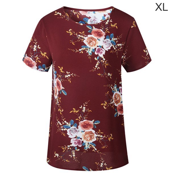 Camiseta de mujer con estampado floral, manga corta, cuello redondo, blusa informal, rojo vino, XL kenally AP001919-10