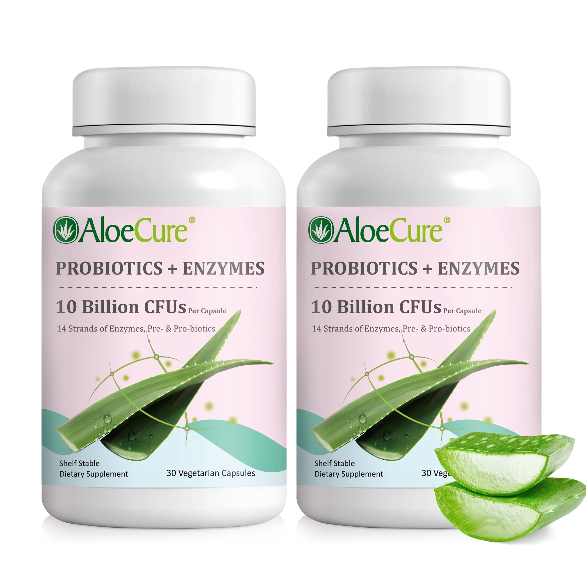 AloeCure Probiotics + Enzyme Capsules for Women's Digestive Health with 10 Billion CFU - Daily Aloe Supplement, Full Spectrum Probiotic + Prebiotic Supplement, Gut Support, Super Enzymes, 2 Bottles