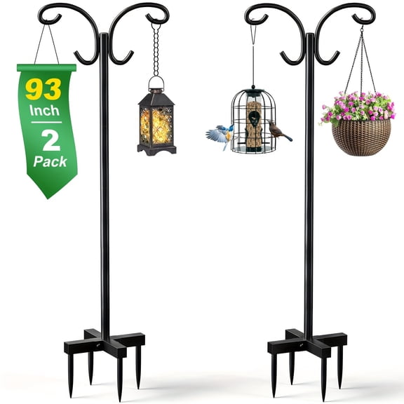 2-Pack Shepherd Hooks 93 Inch, Heavy Duty Garden Plant Hanger with 4-Prong Base, Outdoor Bird Feeder and Hanging Basket Stand, Black