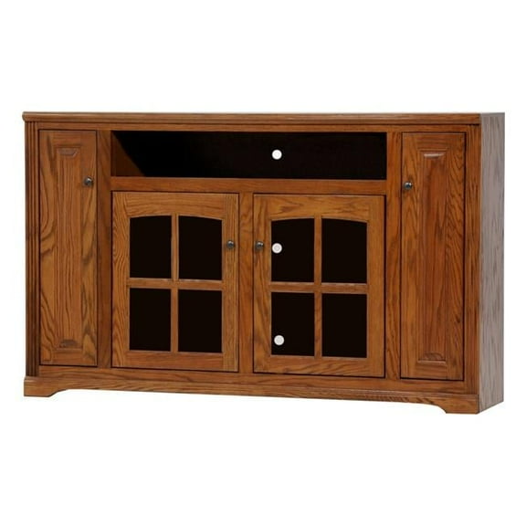 Oak Tall TV Stand with 2 Glass Panel Doors, Classic Bourbon