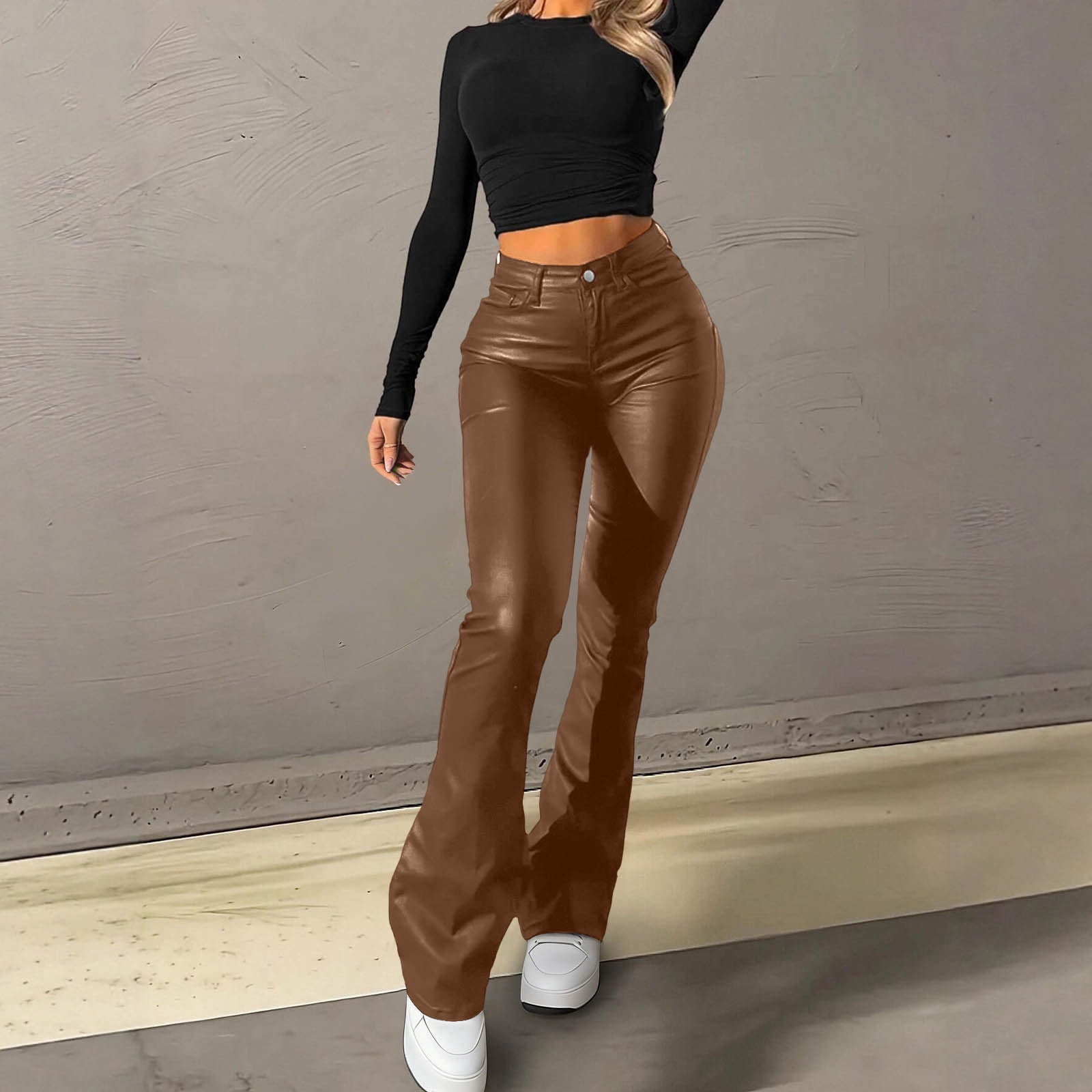 2026 Women Faux Leather Pants PU High Waist Straight Leg Pant with Pockets Fashion Flare Pants Trendy Streetwear